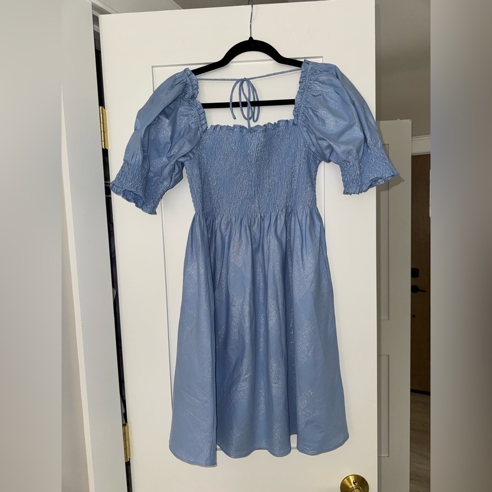 Hill House Athena Nap Dress in Light Blue Glitter Check LIKE NEW Smocked Medium - Picture 5 of 5